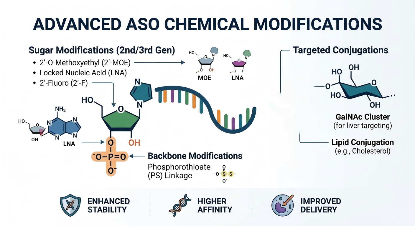 Technical diagram showing ASO chemical modifications (2'-MOE, LNA, PS linkage) and GalNAc conjugation services by AcuBiochem.